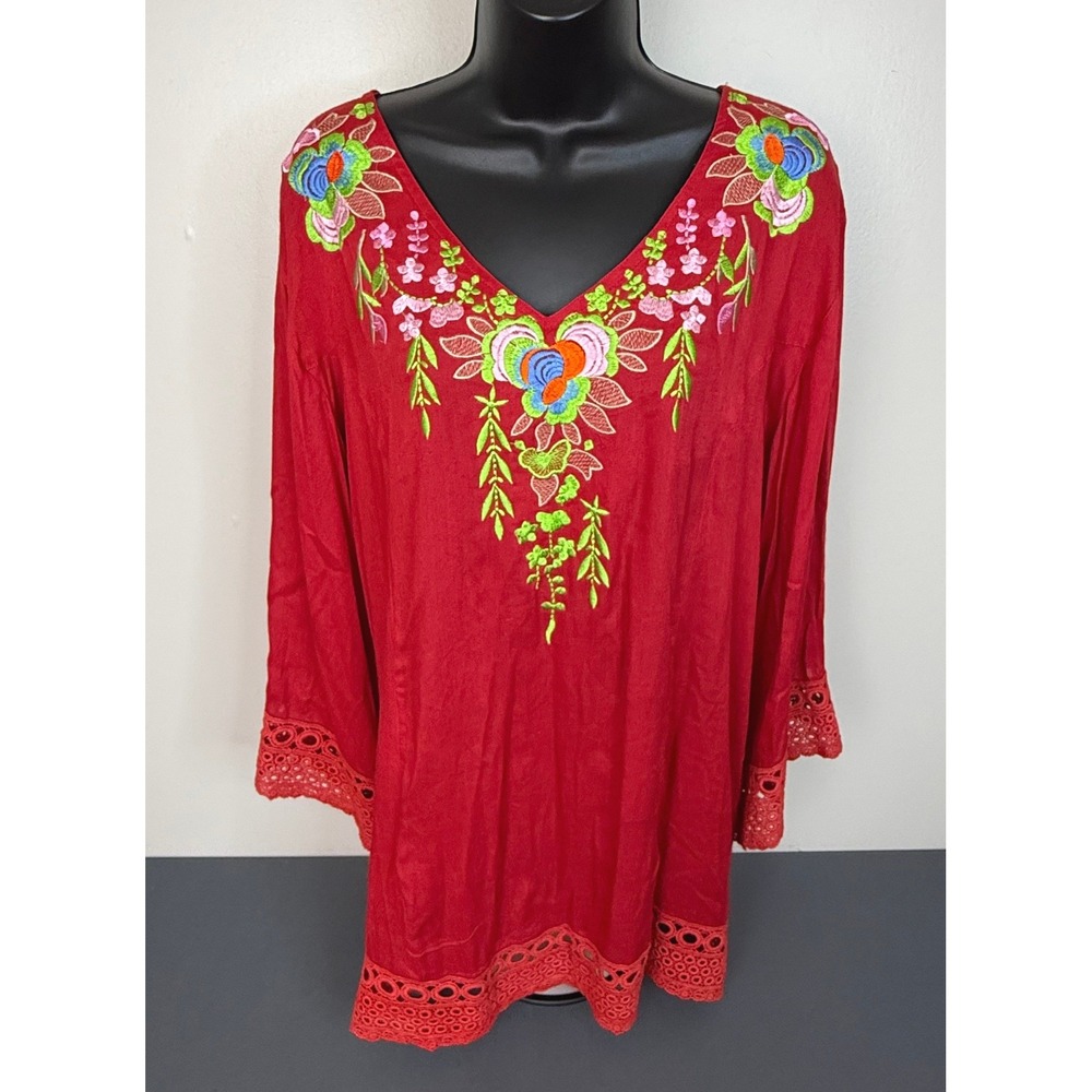 S.R. Fashion Women's Floral Embroidered V-Neck Long Sleeve Top Hippie Red XL